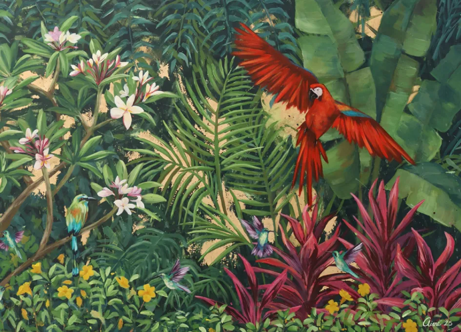 Obra Reverdecer: selva tropical con guacamayo rojo